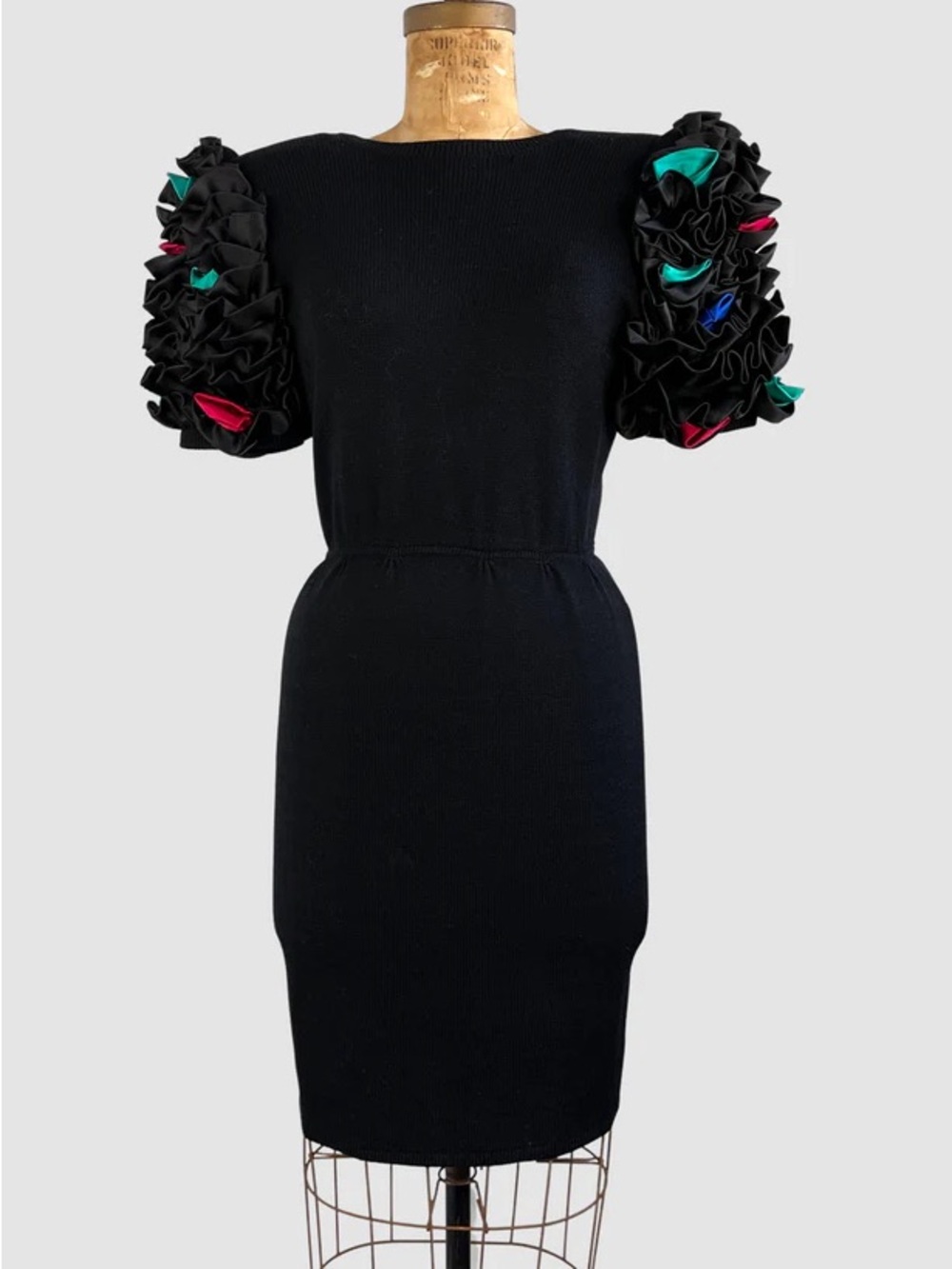 St. John Black Mini Dress with Multicolor Ruffle Sleeves